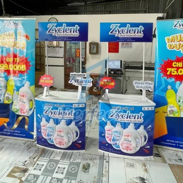 booth di động nhựa nước giặt xả trưng bày chai mẫu