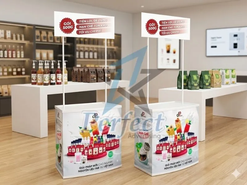 Booth Nhựa Sampling Nguyên Liệu Pha Chế Thương Hiệu DP Food