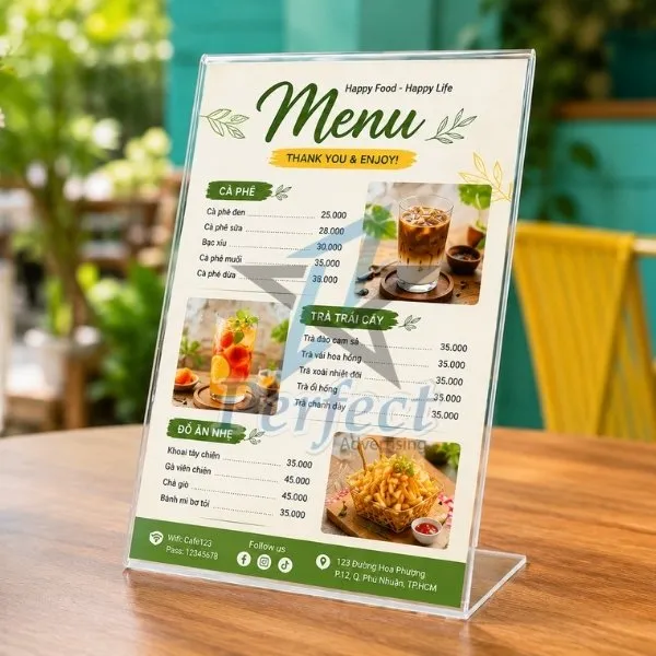 Bảng menu mica để bàn chữ L A4 trong suốt cao cấp